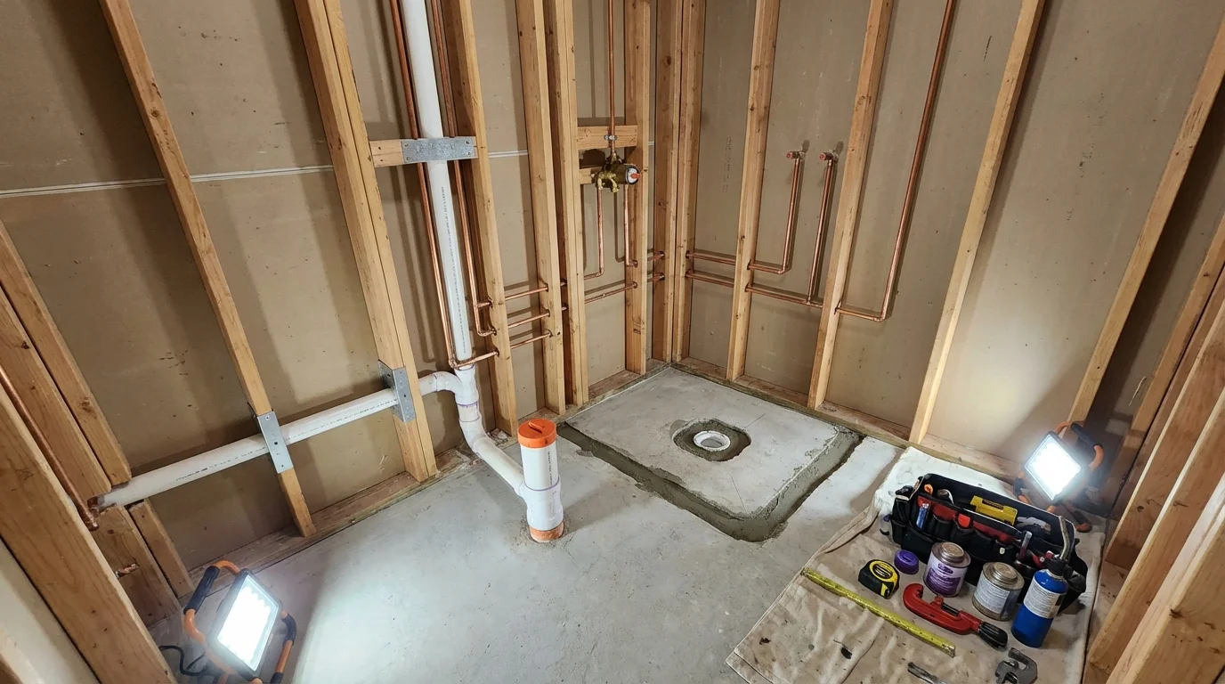 Bathroom rough-in plumbing during remodel by Johns Plumbing LLC in West Burlington