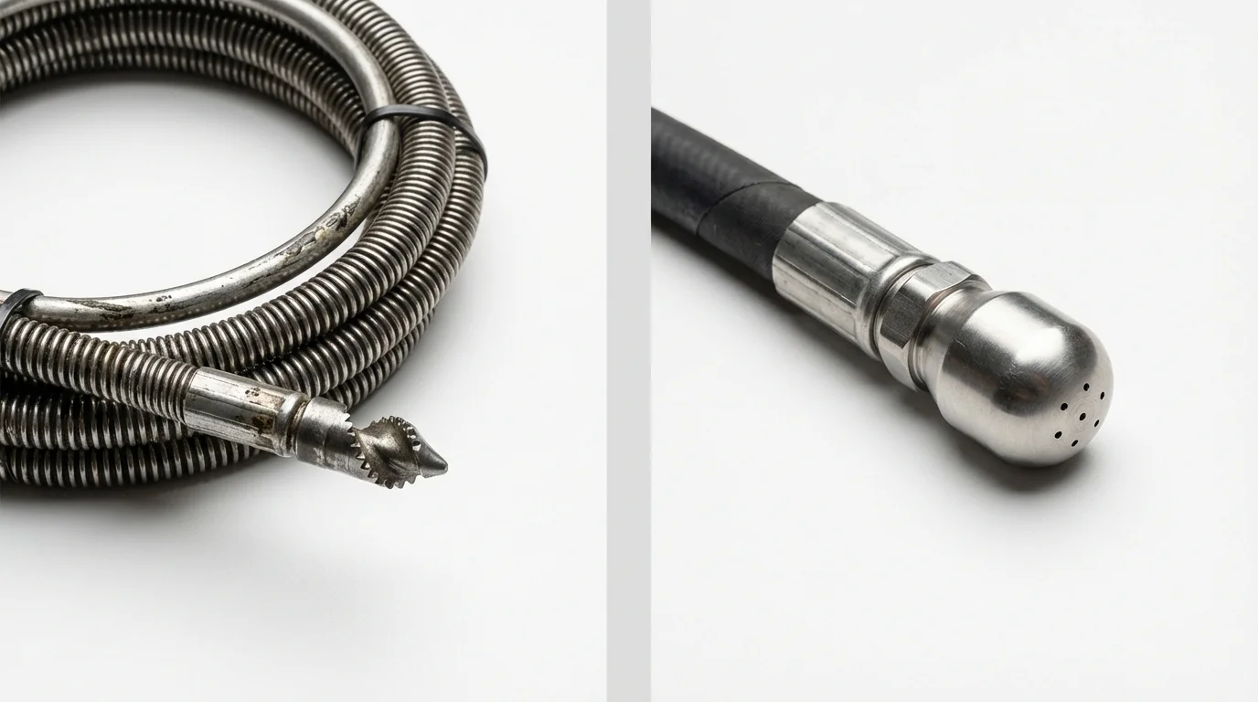 Drain snake cable and hydro jetting nozzle used for drain cleaning in West Burlington, IA