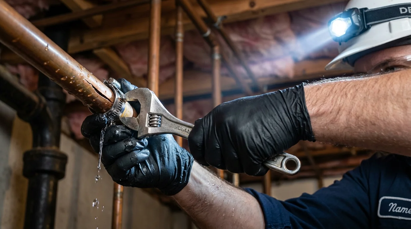 Emergency pipe clamp repair being performed by a Johns Plumbing LLC plumber in West Burlington