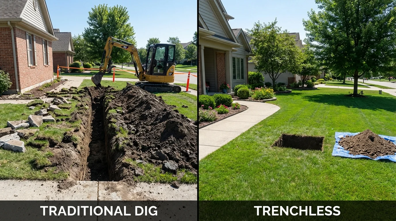 Trenchless sewer repair with minimal yard damage versus traditional excavation in West Burlington, IA