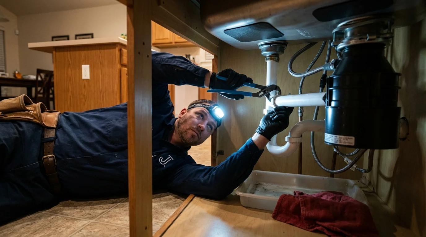 P-trap and supply line connections under a kitchen sink showing a common leak point in West Burlington, IA